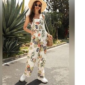 Himosyber Linen Floral Jumpsuit Wide Leg Sleeveless Pockets Casual Romper Small